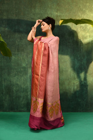 'Tarini' Rose Pink with Rust Brown Lilac on the edge Pure Tussar Banarasi Handloom Saree