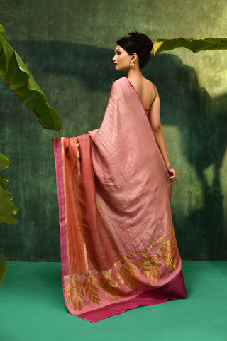 'Tarini' Rose Pink with Rust Brown Lilac on the edge Pure Tussar Banarasi Handloom Saree