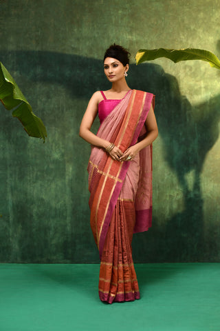 'Tarini' Rose Pink with Rust Brown Lilac on the edge Pure Tussar Banarasi Handloom Saree