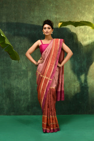 'Tarini' Rose Pink with Rust Brown Lilac on the edge Pure Tussar Banarasi Handloom Saree