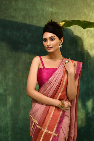 'Tarini' Rose Pink with Rust Brown Lilac on the edge Pure Tussar Banarasi Handloom Saree