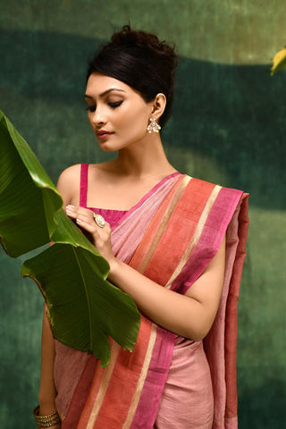 'Tarini' Rose Pink with Rust Brown Lilac on the edge Pure Tussar Banarasi Handloom Saree