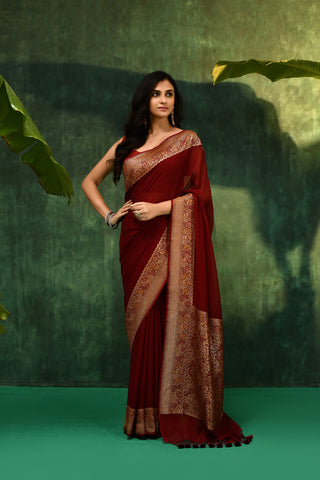 'Pride of Kashi' Shikargah Elegance Royal Maroon Pure Khaddi Georgette Banarasi Handloom Saree