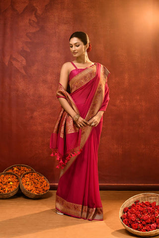 Pride of Kashi 'Shikargah Elegance’ Rani Pink Pure Khaddi Georgette Banarasi Handloom Saree