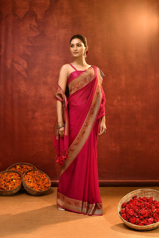 Pride of Kashi 'Shikargah Elegance’ Rani Pink Pure Khaddi Georgette Banarasi Handloom Saree