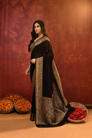 Pride of Kashi ‘Shikargah Elegance’ Black Pure Khaddi Georgette Banarasi Handloom Saree