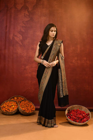 Pride of Kashi ‘Shikargah Elegance’ Black Pure Khaddi Georgette Banarasi Handloom Saree