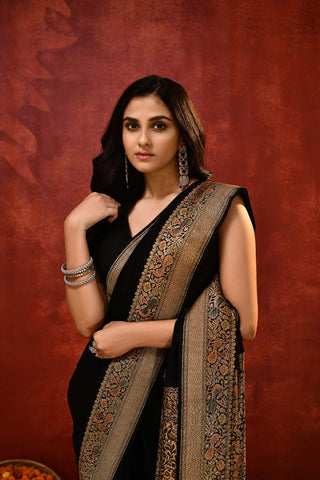 Pride of Kashi ‘Shikargah Elegance’ Black Pure Khaddi Georgette Banarasi Handloom Saree