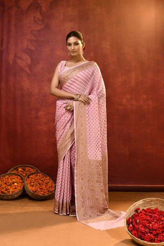 Lilac Pink Pure Khaddi Georgette Banarasi Handloom Saree