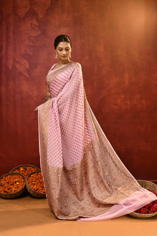 Lilac Pink Pure Khaddi Georgette Banarasi Handloom Saree