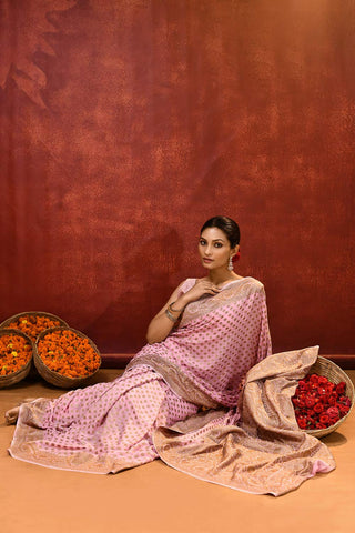 Lilac Pink Pure Khaddi Georgette Banarasi Handloom Saree