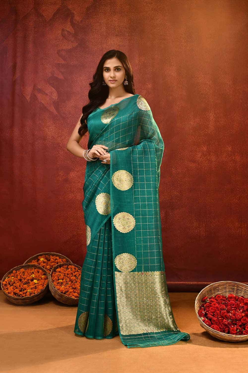 'Kamakshi' A shade Of Teal Green Pure Kora Organza Kadhua Banarasi Handloom Saree