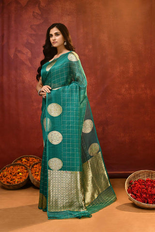 'Kamakshi' A shade Of Teal Green Pure Kora Organza Kadhua Banarasi Handloom Saree