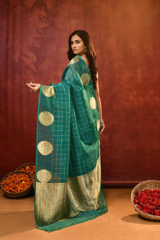 'Kamakshi' A shade Of Teal Green Pure Kora Organza Kadhua Banarasi Handloom Saree