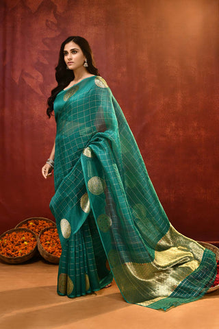 'Kamakshi' A shade Of Teal Green Pure Kora Organza Kadhua Banarasi Handloom Saree