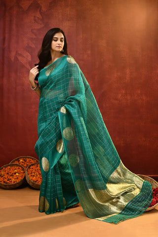 'Kamakshi' A shade Of Teal Green Pure Kora Organza Kadhua Banarasi Handloom Saree