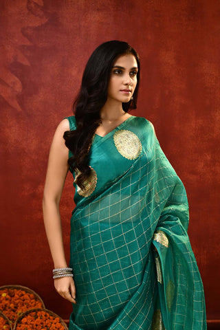 'Kamakshi' A shade Of Teal Green Pure Kora Organza Kadhua Banarasi Handloom Saree