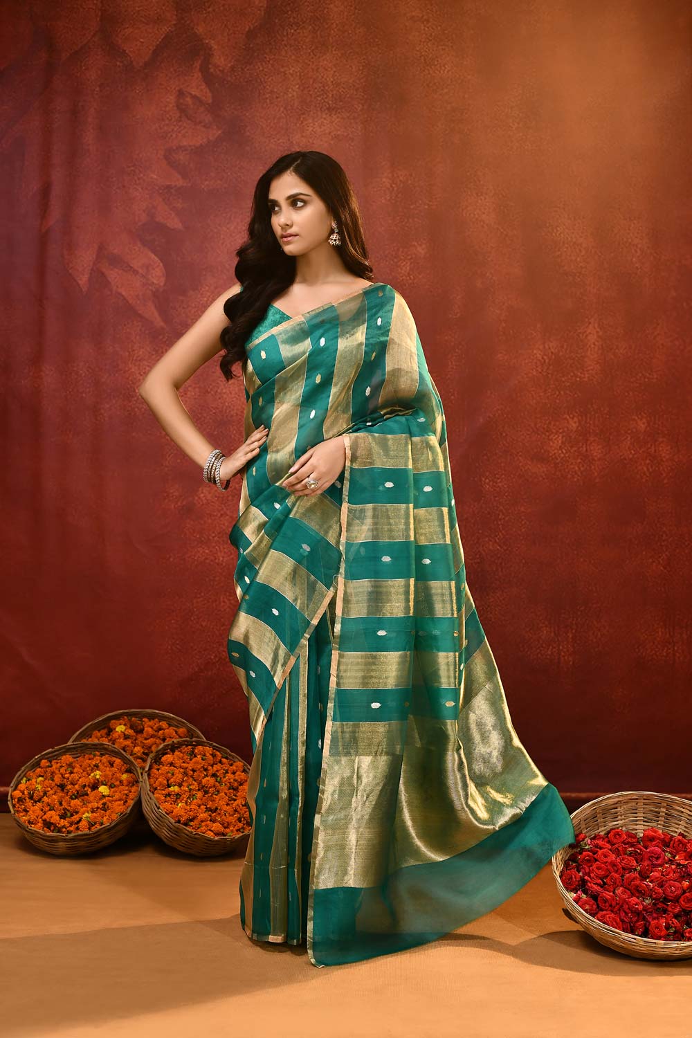 'Modern Stripe' A shade Of Teal Green Pure Tissue-Kora Organza Kadhua Banarasi Handloom Saree