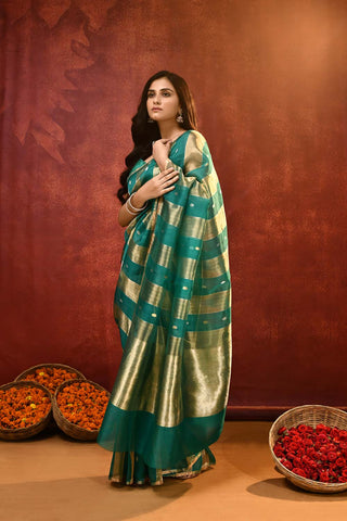 'Modern Stripe' A shade Of Teal Green Pure Tissue-Kora Organza Kadhua Banarasi Handloom Saree