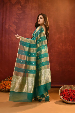 'Modern Stripe' A shade Of Teal Green Pure Tissue-Kora Organza Kadhua Banarasi Handloom Saree