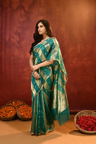 'Modern Stripe' A shade Of Teal Green Pure Tissue-Kora Organza Kadhua Banarasi Handloom Saree