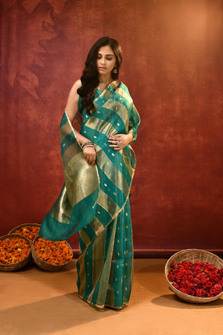 'Modern Stripe' A shade Of Teal Green Pure Tissue-Kora Organza Kadhua Banarasi Handloom Saree