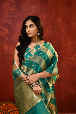 'Modern Stripe' A shade Of Teal Green Pure Tissue-Kora Organza Kadhua Banarasi Handloom Saree