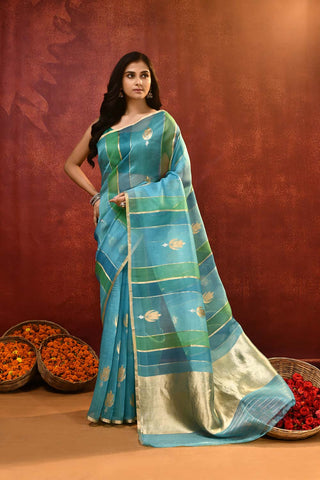 'Lotus Bud' A Shade Of Blue Pure Kora Organza Banarasi Handloom Saree