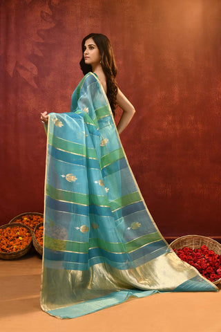 'Lotus Bud' A Shade Of Blue Pure Kora Organza Banarasi Handloom Saree