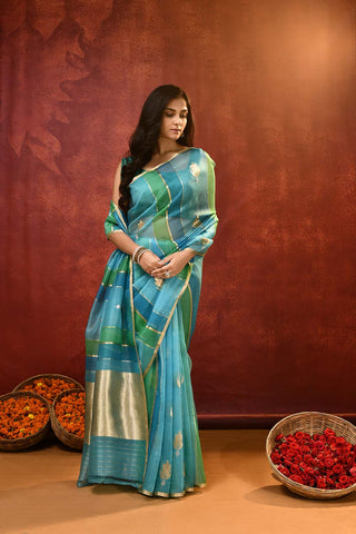 'Lotus Bud' A Shade Of Blue Pure Kora Organza Banarasi Handloom Saree