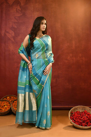 'Lotus Bud' A Shade Of Blue Pure Kora Organza Banarasi Handloom Saree