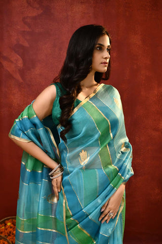 'Lotus Bud' A Shade Of Blue Pure Kora Organza Banarasi Handloom Saree