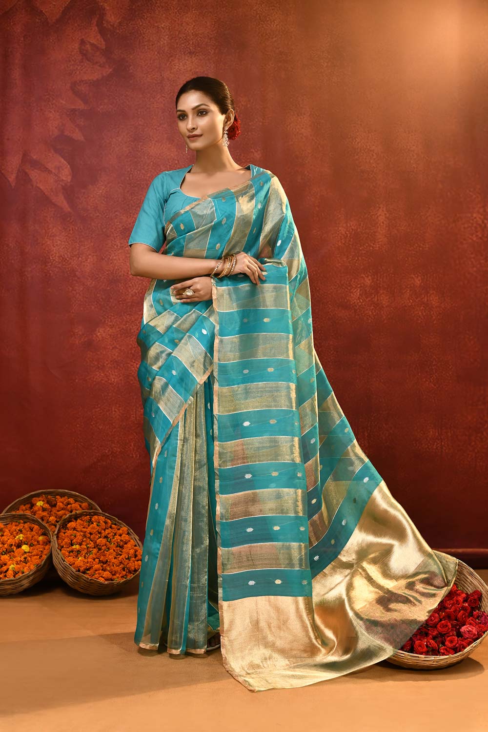 'Modern Stripe' Turquoise Pure Kora - Tissue Banarasi Handloom Silk Saree