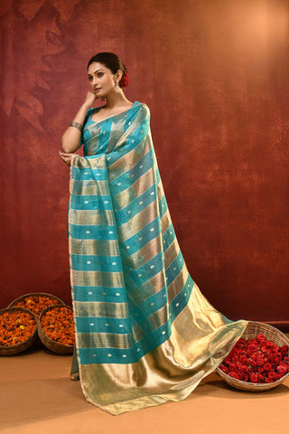 'Modern Stripe' Turquoise Pure Kora - Tissue Banarasi Handloom Silk Saree