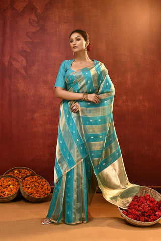 'Modern Stripe' Turquoise Pure Kora - Tissue Banarasi Handloom Silk Saree