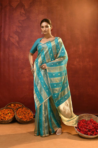 'Modern Stripe' Turquoise Pure Kora - Tissue Banarasi Handloom Silk Saree