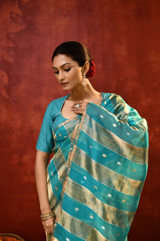 'Modern Stripe' Turquoise Pure Kora - Tissue Banarasi Handloom Silk Saree