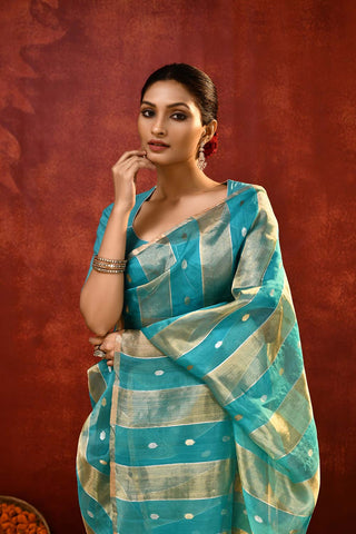 'Modern Stripe' Turquoise Pure Kora - Tissue Banarasi Handloom Silk Saree