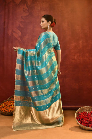 'Modern Stripe' Turquoise Pure Kora - Tissue Banarasi Handloom Silk Saree