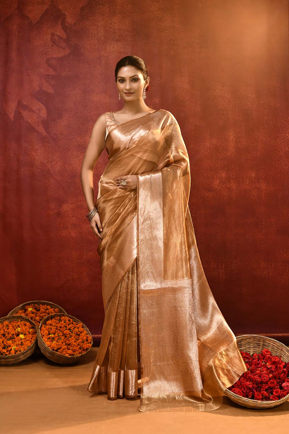 'Taringini' Copper -Gold Pure Diamond Iktara Tissue Banarasi Handloom Saree