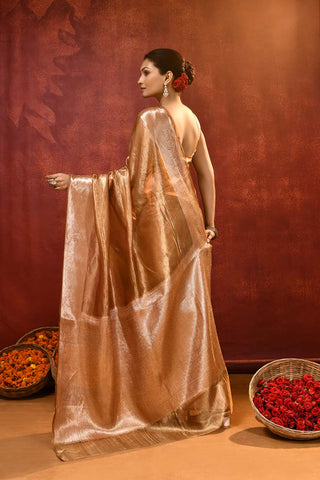 'Taringini' Copper -Gold Pure Diamond Iktara Tissue Banarasi Handloom Saree