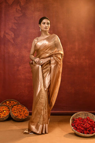 'Taringini' Copper -Gold Pure Diamond Iktara Tissue Banarasi Handloom Saree