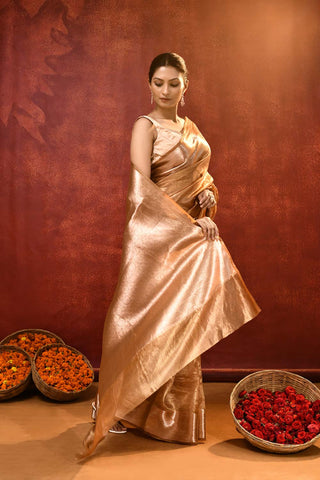 'Taringini' Copper -Gold Pure Diamond Iktara Tissue Banarasi Handloom Saree