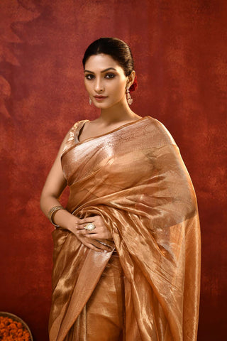 'Taringini' Copper -Gold Pure Diamond Iktara Tissue Banarasi Handloom Saree