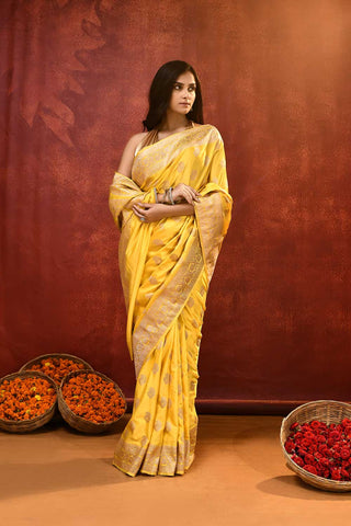 'Sunshine' Yellow Mushru Satin Banarasi Handloom Saree