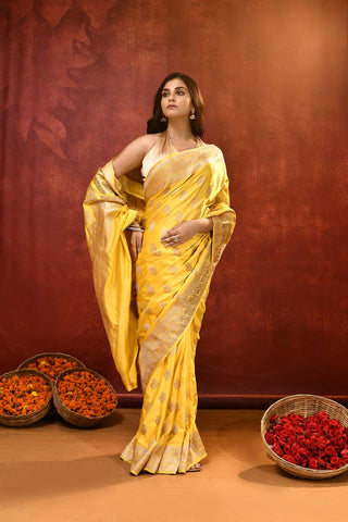 'Sunshine' Yellow Mushru Satin Banarasi Handloom Saree