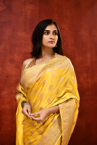 'Sunshine' Yellow Mushru Satin Banarasi Handloom Saree