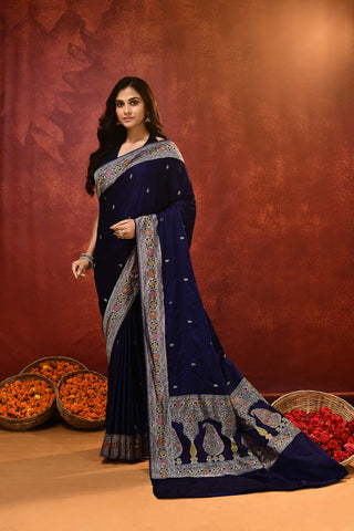 'Noorvi' Deep Midnight Blue Mushru Satin Banarasi Handloom Saree