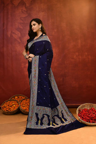 'Noorvi' Deep Midnight Blue Mushru Satin Banarasi Handloom Saree