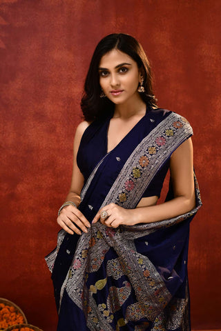 'Noorvi' Deep Midnight Blue Mushru Satin Banarasi Handloom Saree